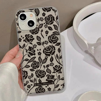 Black Lace Pattern Rose Flower Phone Case For iPhone