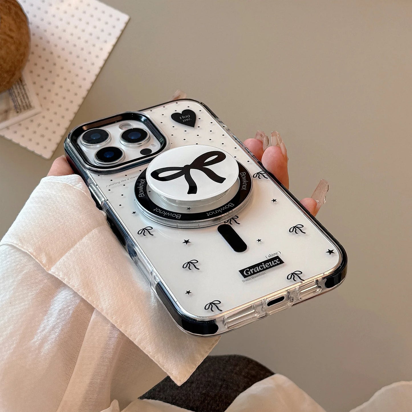 Korean Black Polka Dots Bowknot Magnetic Bracket Phone Case For iPhone