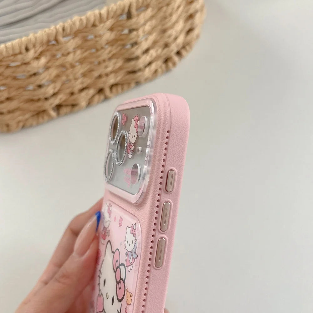 Pink Faux Leather Hello Kitty Phone Case With Bead Cartoon Wrist Lanyard Shockproof Cute  Cover For iPhone