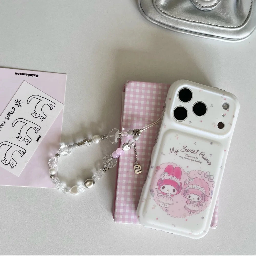 Cute My Melody Phone Case With Bead Wrist Strap Soft Shockproof Cover For iPhone