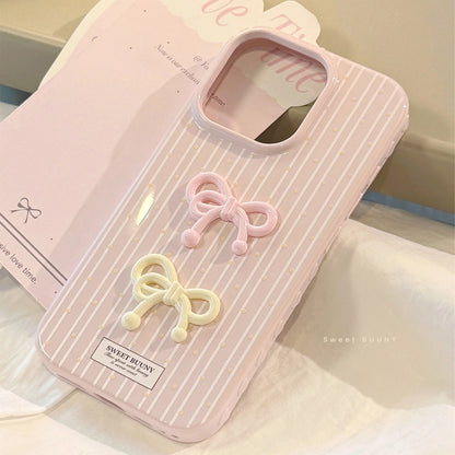 Korean Cute 3D Bowknot Pink Striped Wave Point Soft Phone Case For iPhone