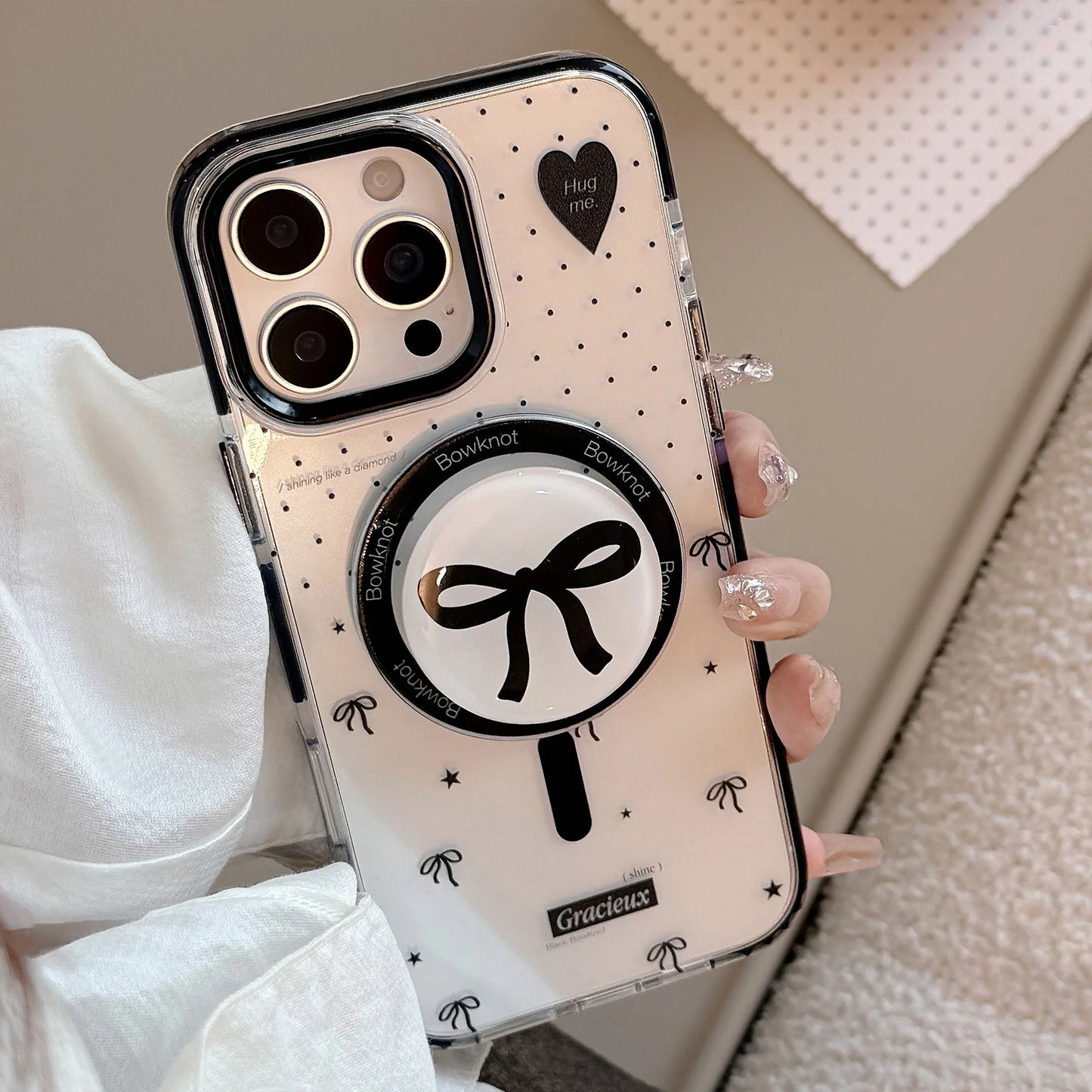 Korean Black Polka Dots Bowknot Magnetic Bracket Phone Case For iPhone