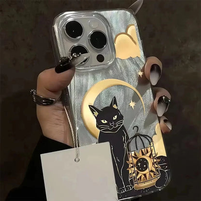 Black Cat Moon Star Birdcage Aesthetic Reflective Case For iPhone