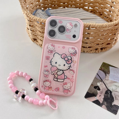 Pink Faux Leather Hello Kitty Phone Case With Bead Cartoon Wrist Lanyard Shockproof Cute  Cover For iPhone