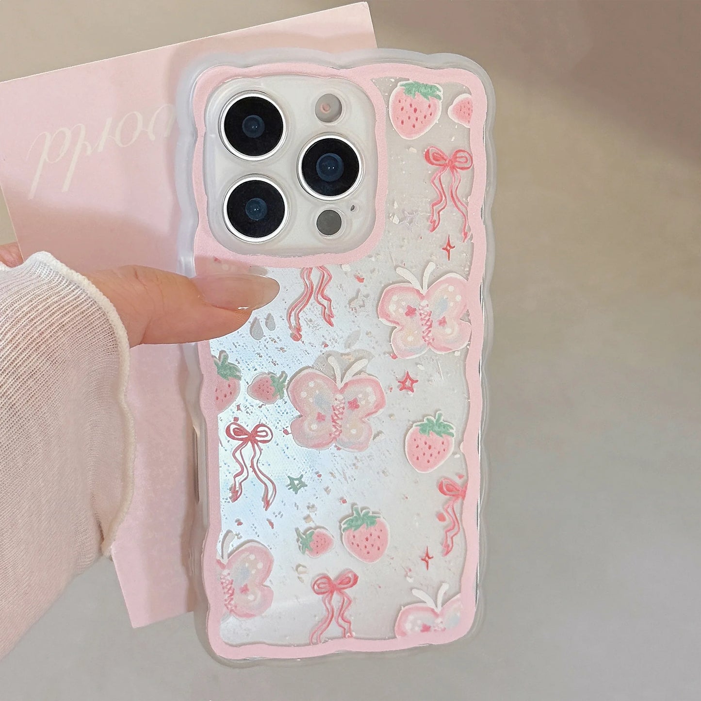 Korean Strawberry Butterfly Graffiti Wavy Phone Case For iPhone