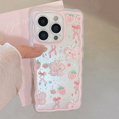 Korean Strawberry Butterfly Graffiti Wavy Phone Case For iPhone