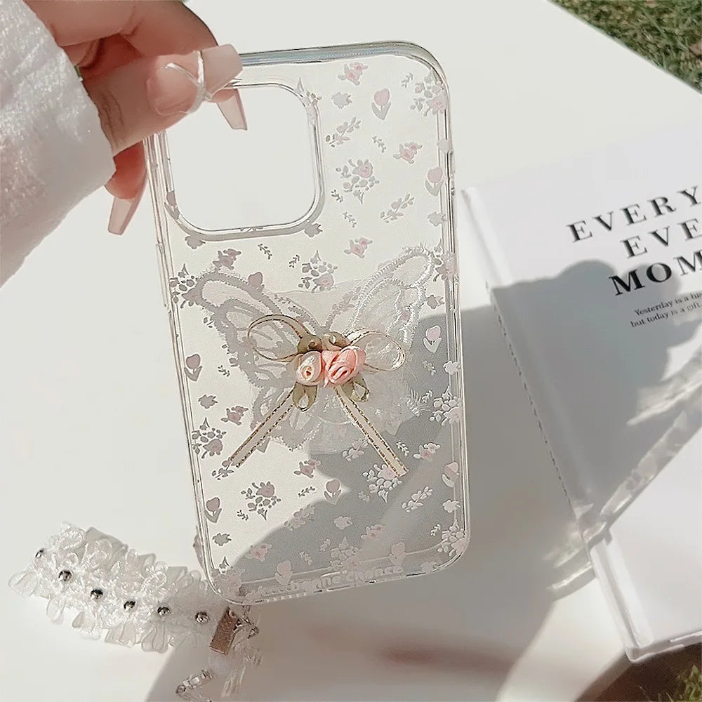 Korean 3D Butterfly Flower Lace Pendant Phone Case For iPhone