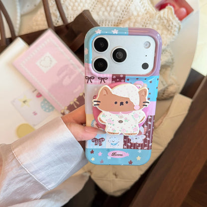 Korean Splicing Cartoon Nightwear Kitten Doll Magnetic Bracket Phone Case For iPhone