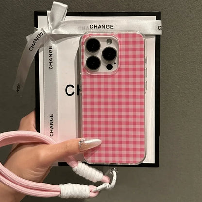 Pink Check Pattern With A Lanyard Phone Case For iPhone