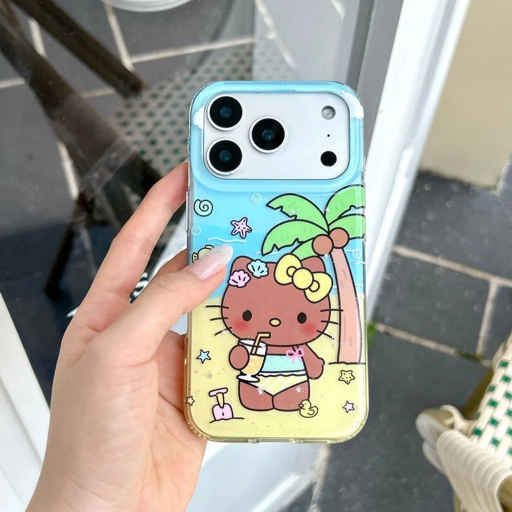Summer Beach Black Skin HelloKitty Glitter Clear Phone Case Coconut Tree Shockproof Protective Cover For iPhone