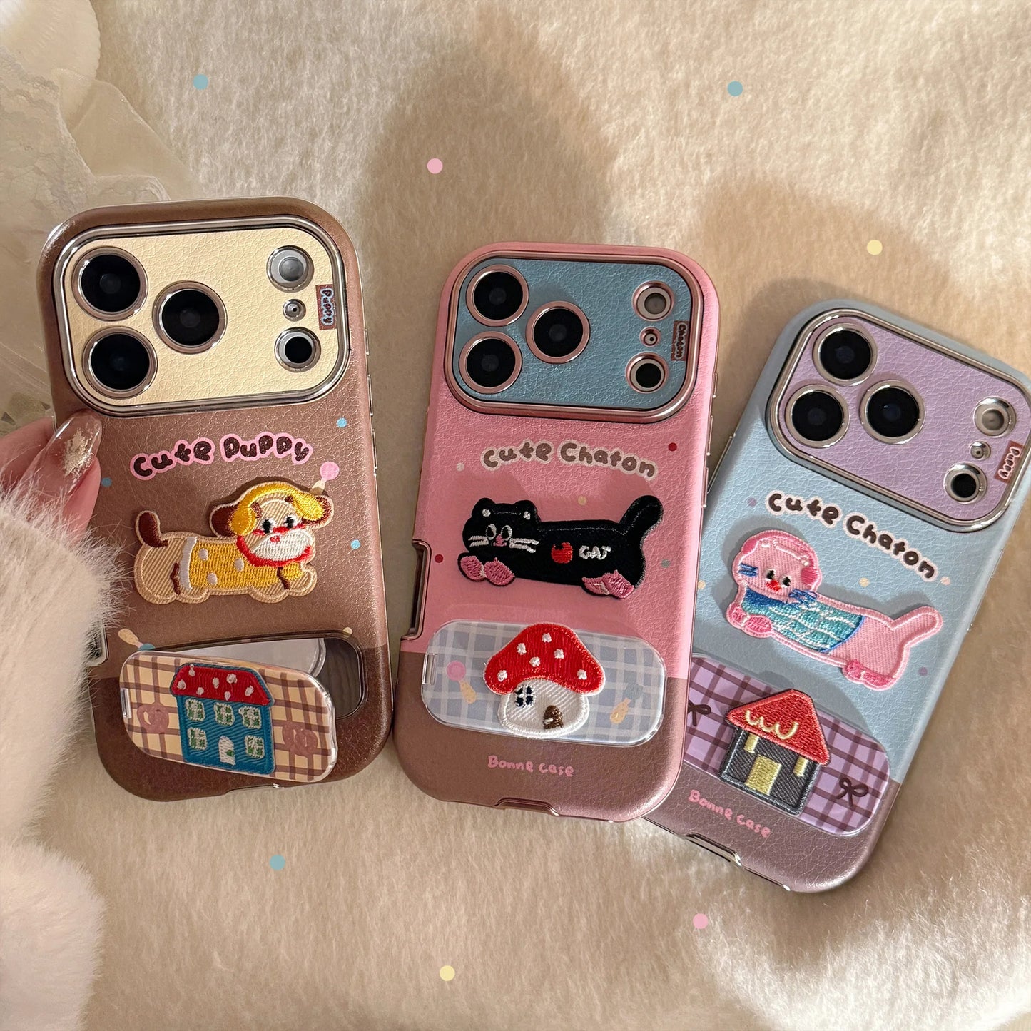 Korean Cartoon Embroidery Kitten Leather Texture Fold Mirror Phone Case For iPhone