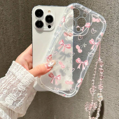 Pink Cherry Bowknot Transparent Wavy-Edge Phone Case For iPhone