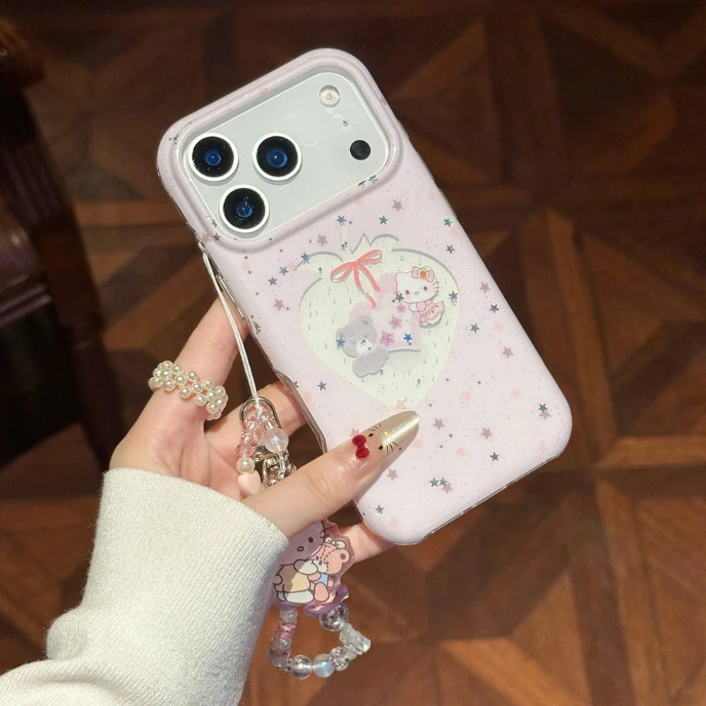 Cute Pink Star Flash Strawberry Kitty Phone Case For iPhone
