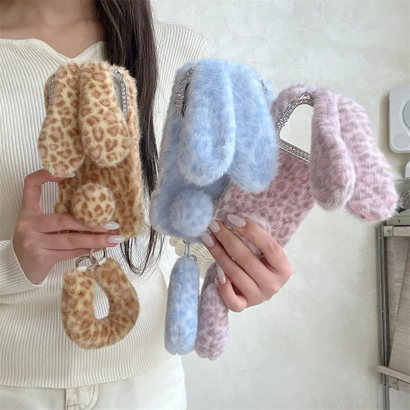 Cute Cartoon Leopard Print Rabbit Ears Furry Plush Phone Case For iPhone