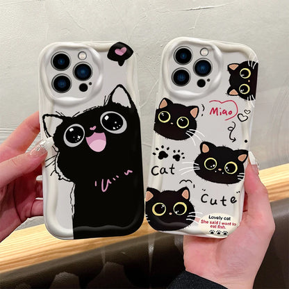 Cute Big Eyed Black Cat 3D Wave Phone Case  For iPhone