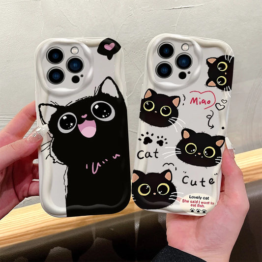 Cute Big Eyed Black Cat 3D Wave Phone Case  For iPhone