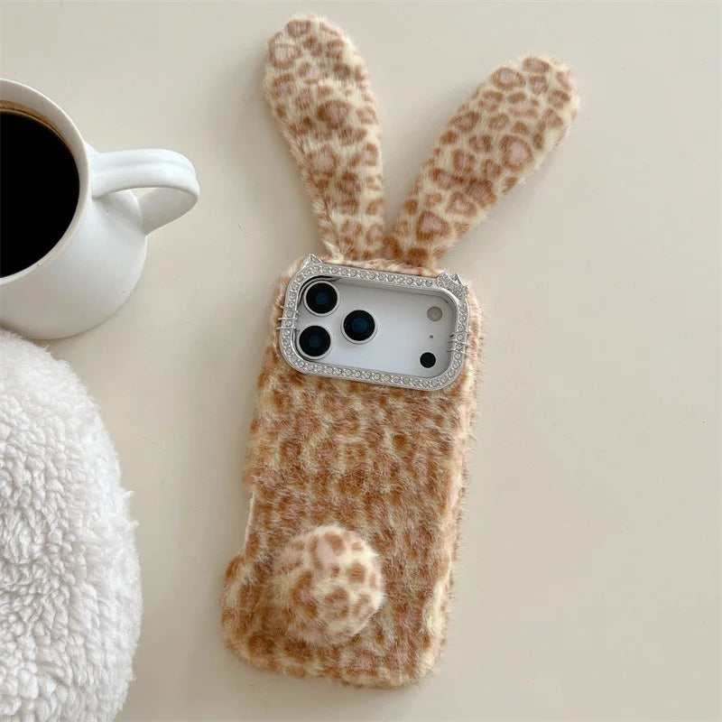 Cute Cartoon Leopard Print Rabbit Ears Furry Plush Phone Case For iPhone