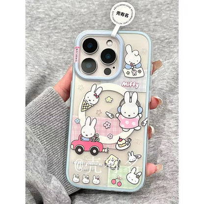 Cartoon Driving Miffy Phone Case Kawaii Listening Music Miffy Rabbit Magnetic Bracket Phone Case Suitable For iPhone