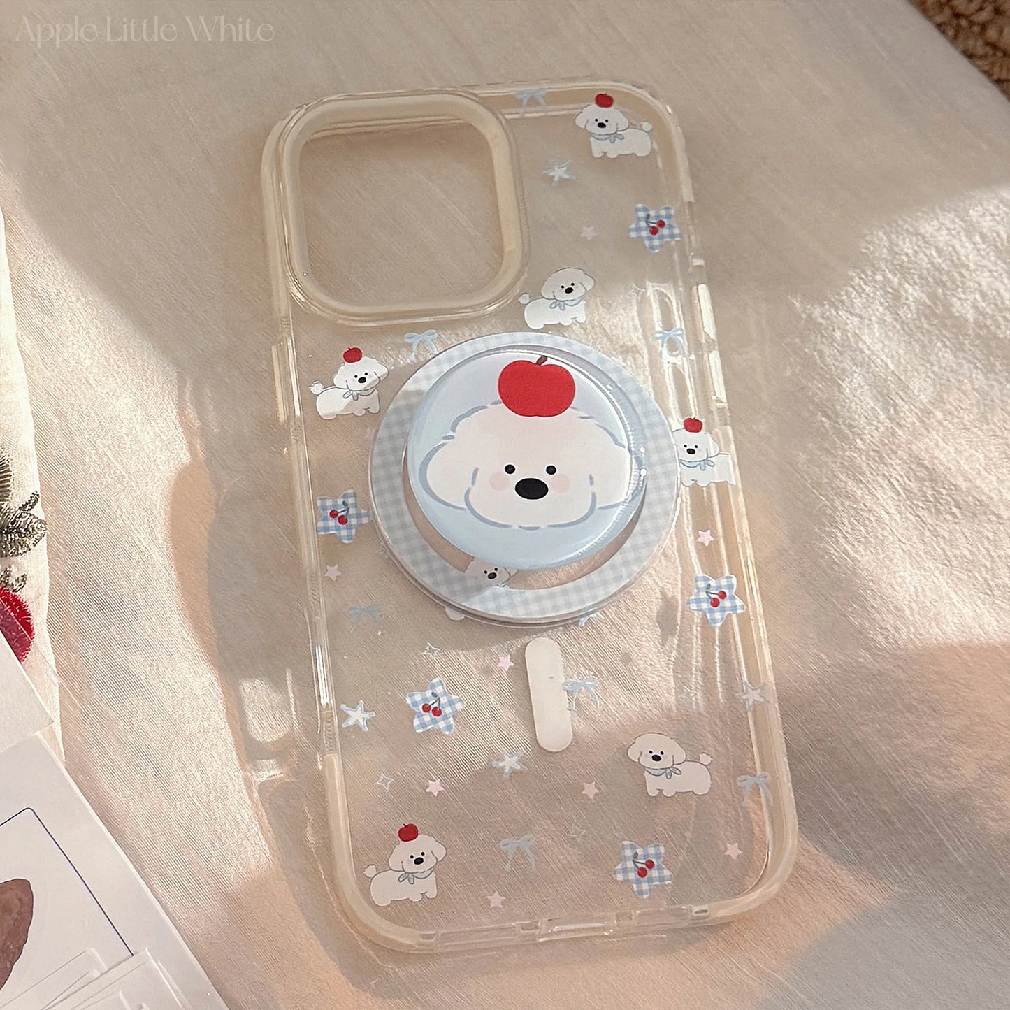 Korean Cute Cartoon Lattice Puppy Bracket Magnetic Phone Case For iPhone