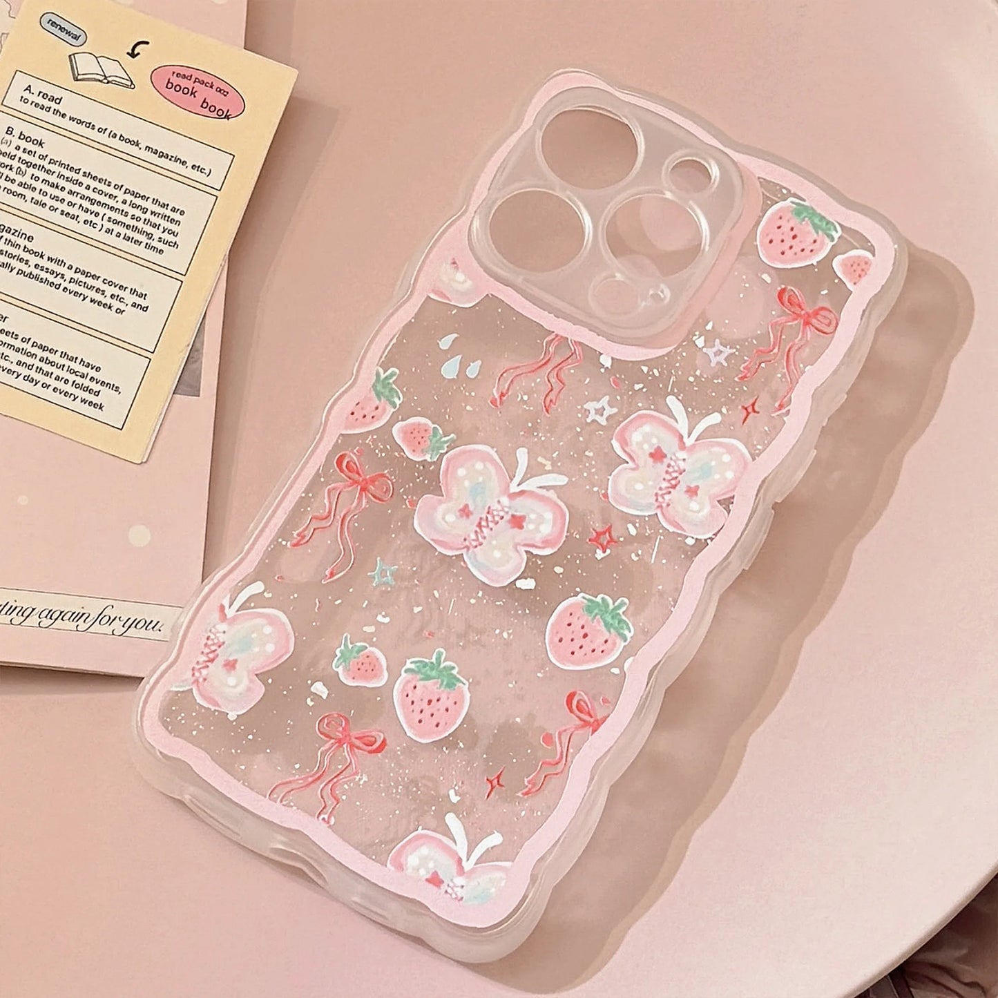 Korean Strawberry Butterfly Graffiti Wavy Phone Case For iPhone