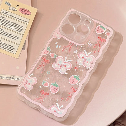 Korean Strawberry Butterfly Graffiti Wavy Phone Case For iPhone