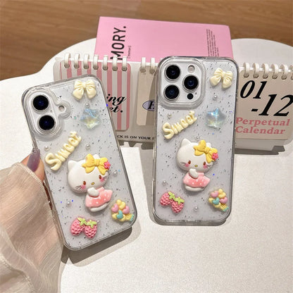 3D Cartoon Strawberry Hello Kitty Drop Glue Glitter Phone Case For iPhone