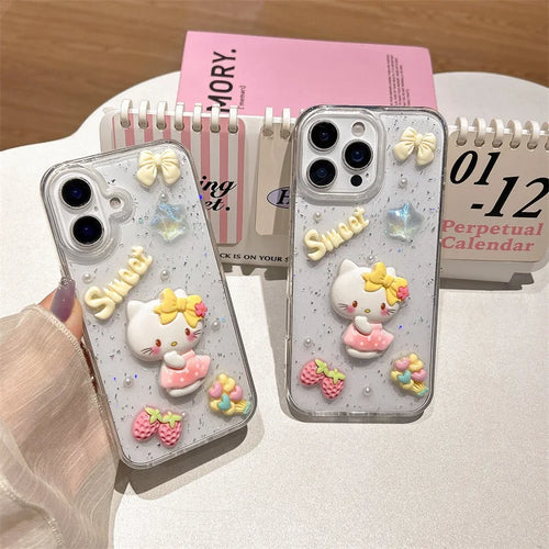 3D Cartoon Strawberry Hello Kitty Drop Glue Glitter Phone Case For iPhone