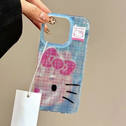 Hello Kitty Korea Grid Pattern Mirror Bow Strap Phone Case For iPhone