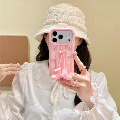 3D Cartoon Pink Boots Bowknot Pendant Striped Phone Case For  iPhone