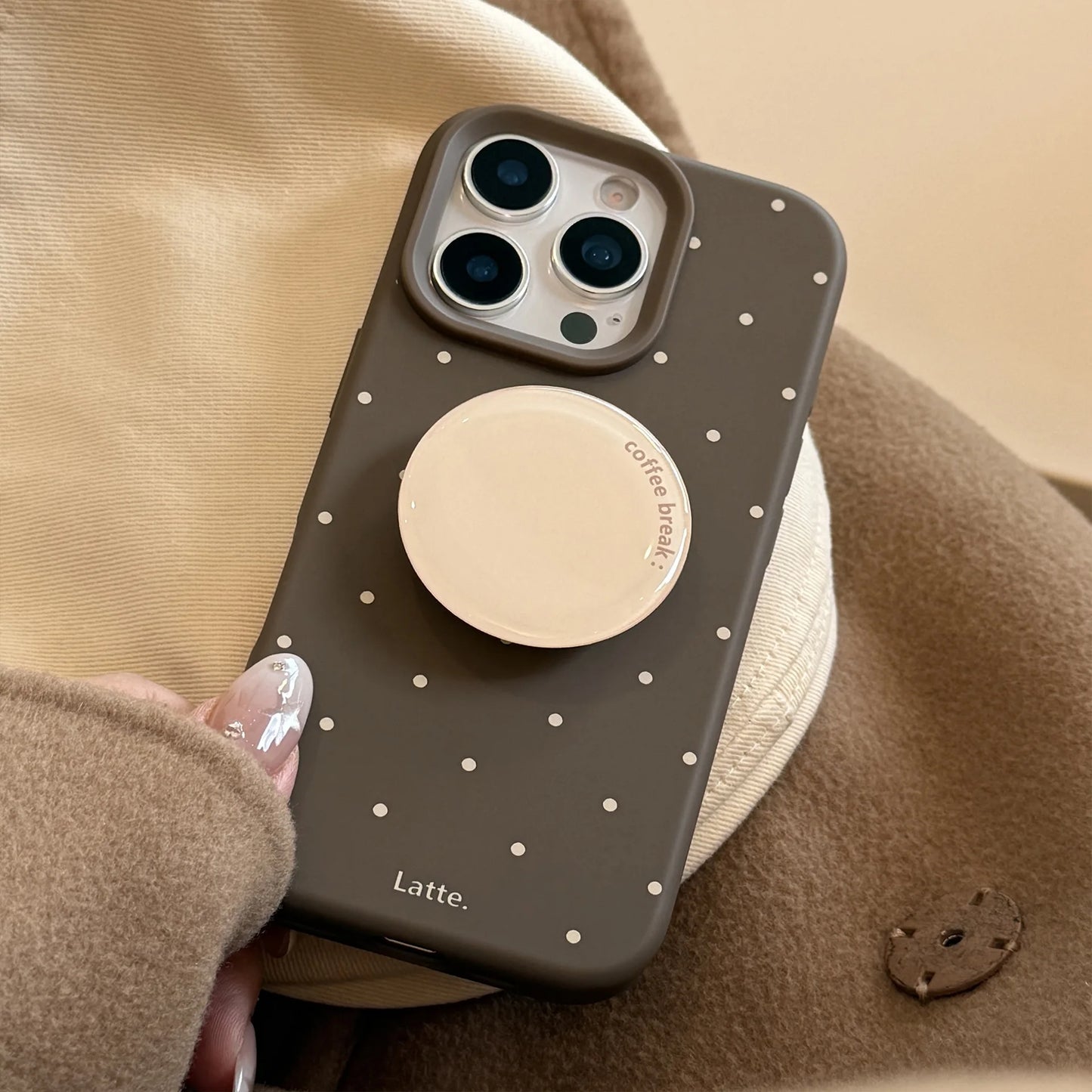 Korean Brown Full Screen Polka Dot With Round Bracket Soft Phone Case For iPhone