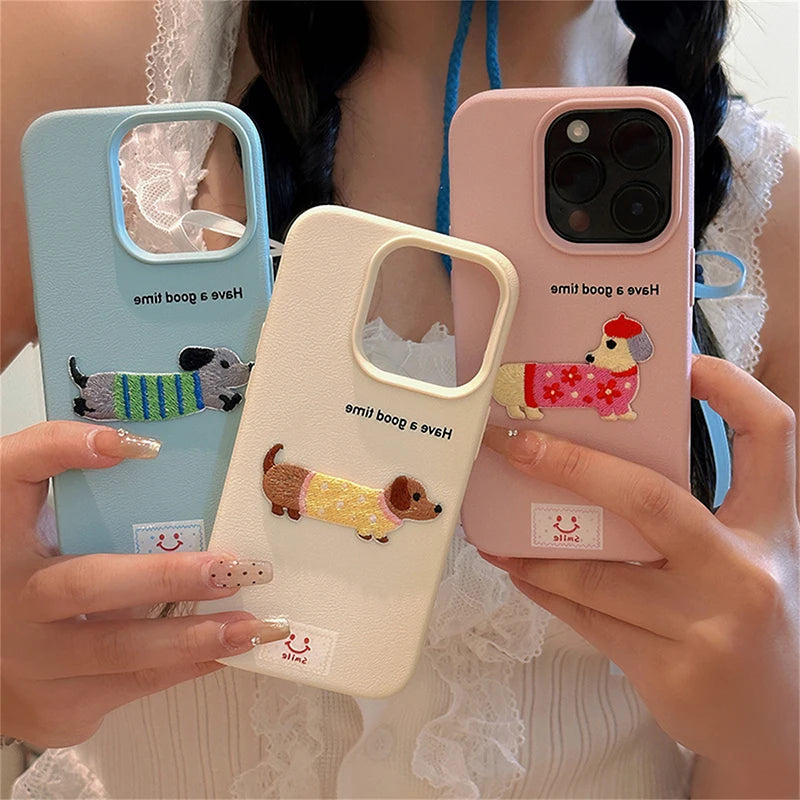 Cute Cartoon Dachshund Litchi Pattern Phone Case For iPhone