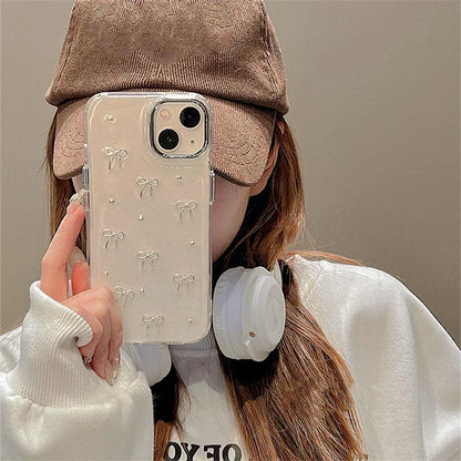 INS Korea Girl Glitter 3D Silver Bow Beads Phone Case For iPhone