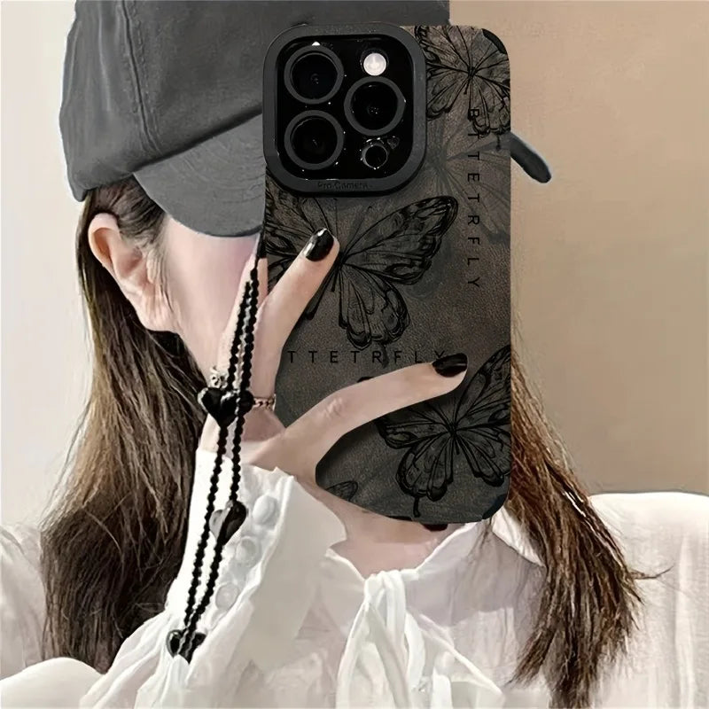 Retro Sketch Butterfly 3D Heart Lanyard Phone Case For iPhone