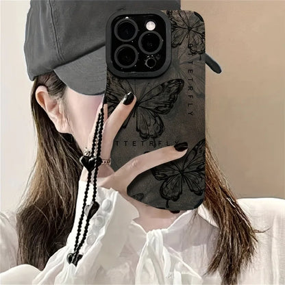 Retro Sketch Butterfly 3D Heart Lanyard Phone Case For iPhone
