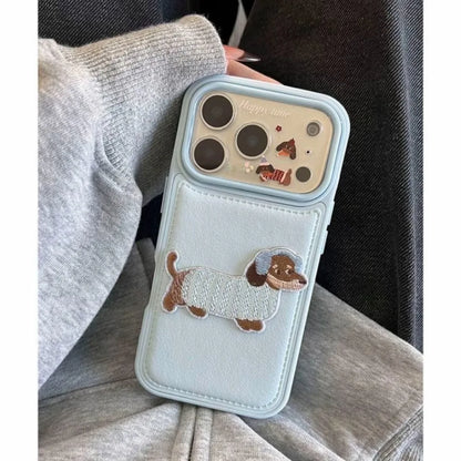 Kawaii Cute 3D Embroidered Blue Puppy Premium Raised Lychee Pattern Suitable For iPhone