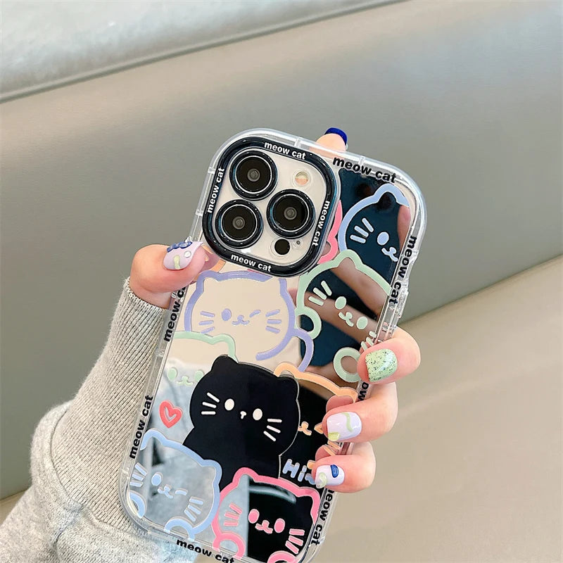 Cute Hello Cat Plating Mirror Painte Lines Phone Case