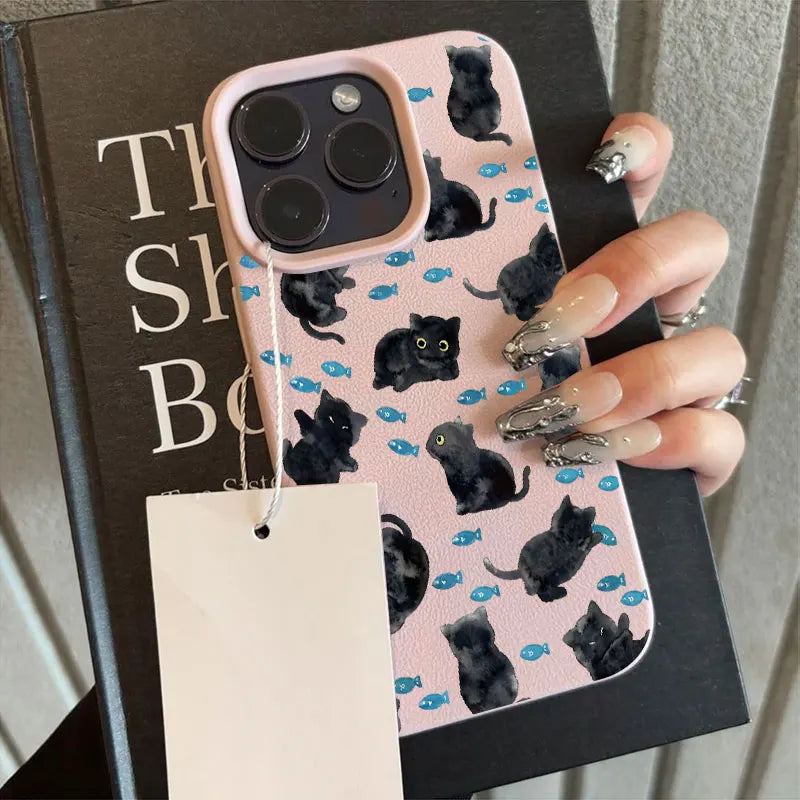 Cute Black Cat Blue Fish Pattern Silicone Phone Case For iPhone