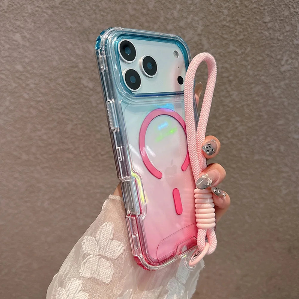 For Magsafe Gradient Double Color Lanyard Case For iPhone
