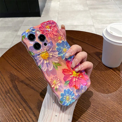 Retro Blue Light Oil Painting Flowers Wavy Silicone Phone Case For iPhone