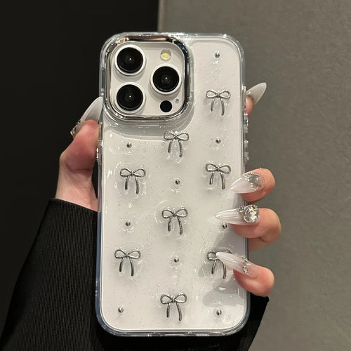 INS Korea Girl Glitter 3D Silver Bow Beads Phone Case For iPhone