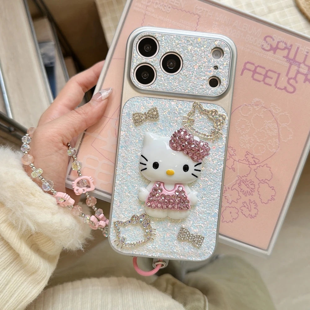 Sanrio Hello Kitty Bling Glitter Pearl 3D Cute Cartoon  Phone Case For iPhone