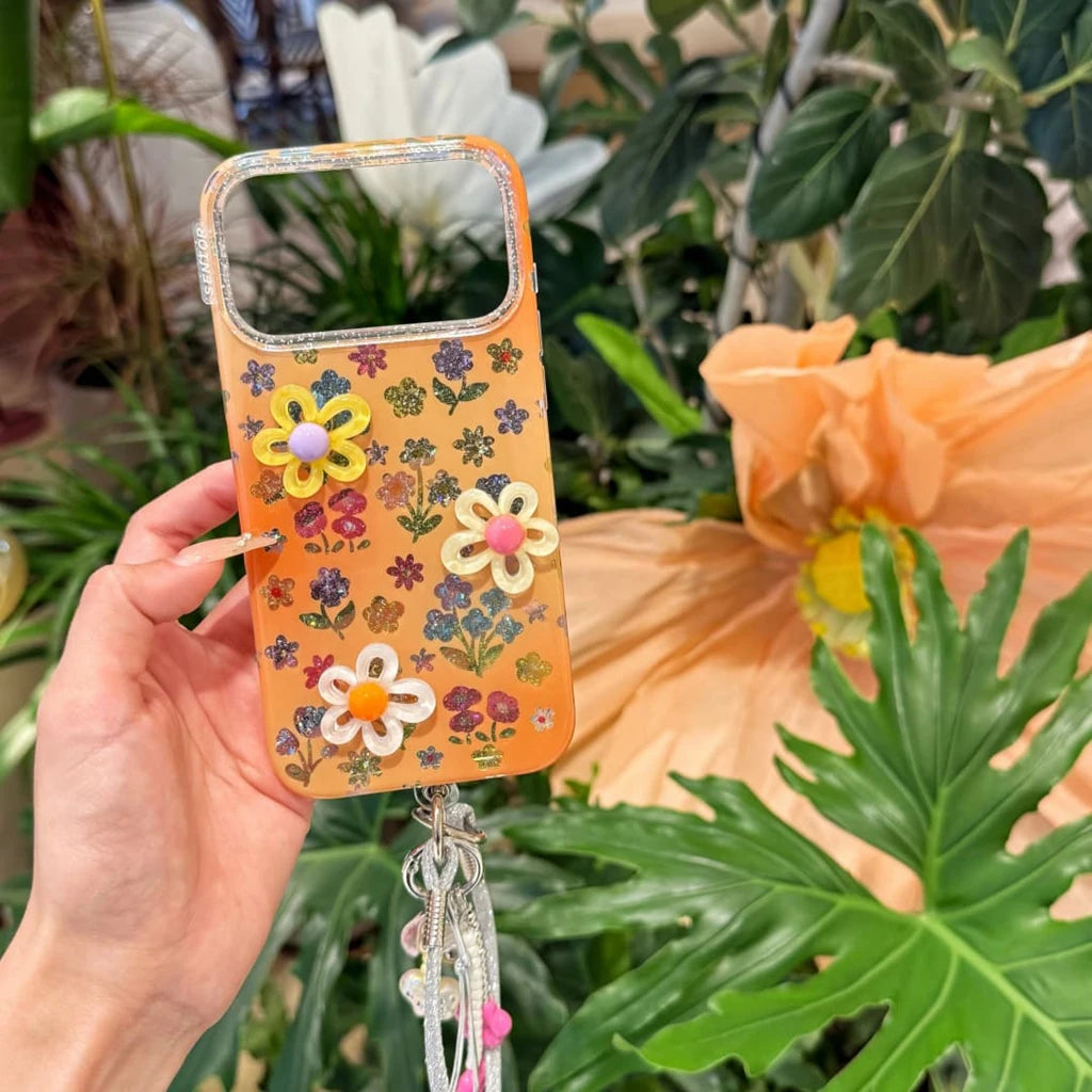 Dopamine Cute 3D Flower Floral Glitter With Lanyard Shockproof Protective Phone Cover Case For iPhone