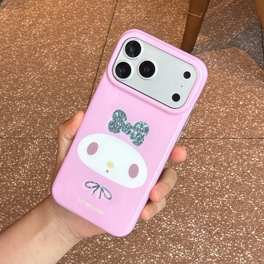 Cute My Melody IMD Glossy Phone Case Glitter Bow Soft Shockproof Cover For iPhone
