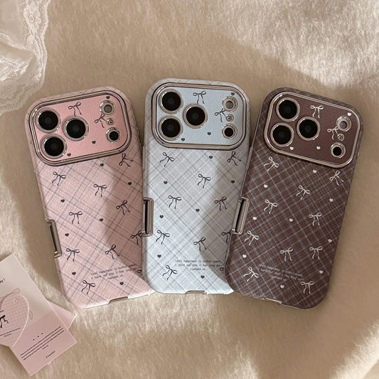 Korean Retro Plaid Grid Pattern Bowknot Leather Texture Phone Case For iPhone