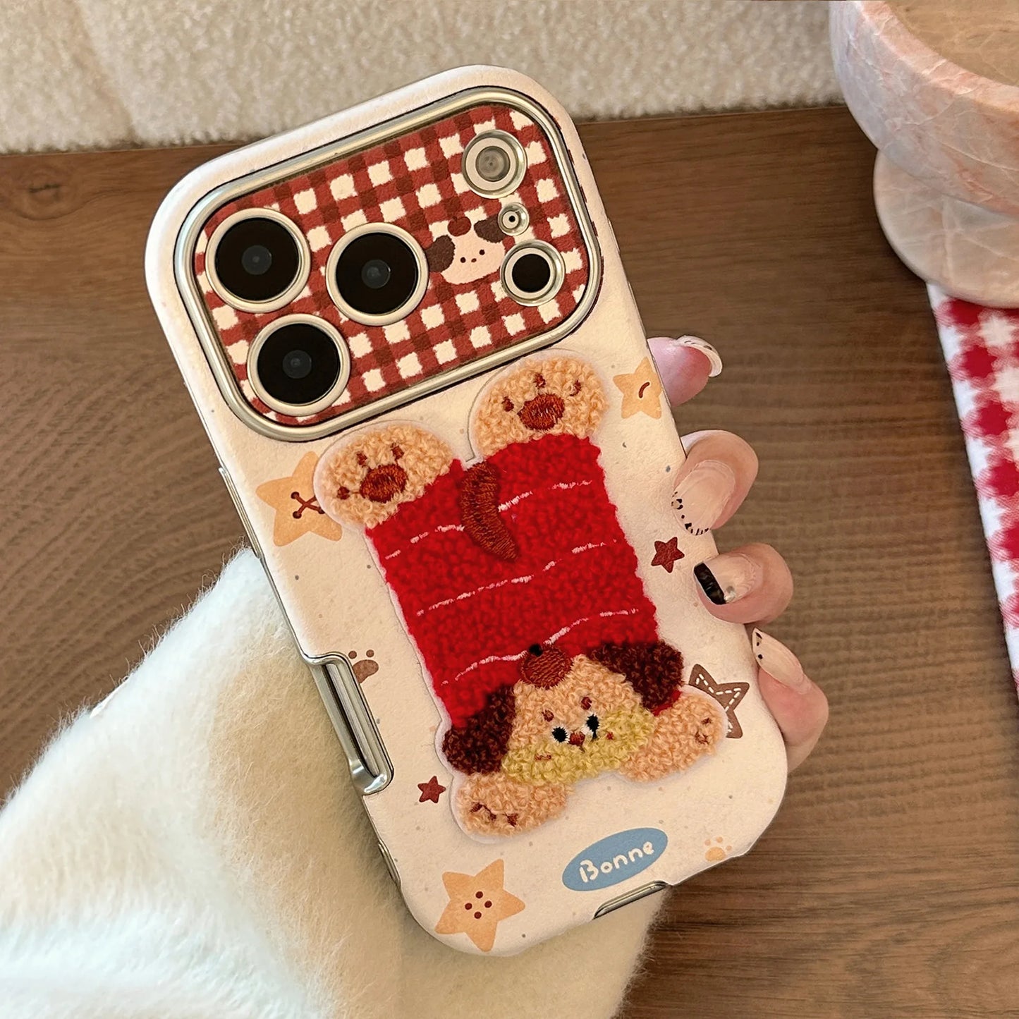 Korean Cartoon Embroidery Plush Animals Leather Texture Phone Case For iPhone
