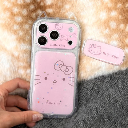 Luxury Pink Cat Ear Drop Adhesive Powder Kitty With Bracket Phone Case For iPhone