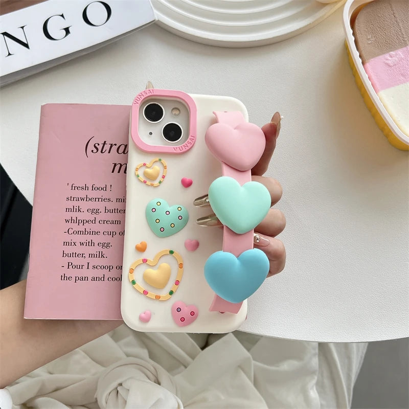 3D Love Heart Wrist Strap Phone Case For iPhone