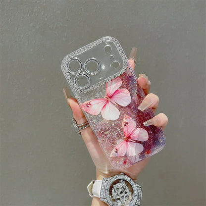 Luxury Diamond Sequins Pink Butterfly Phone Case For iPhone