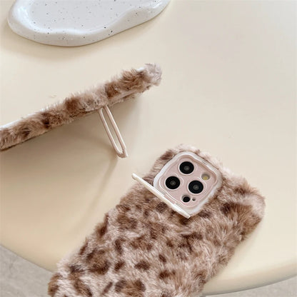 Ins New Fluffy Plush Leopard Print Winter Phone Case For iPhone