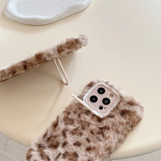 Ins New Fluffy Plush Leopard Print Winter Phone Case For iPhone